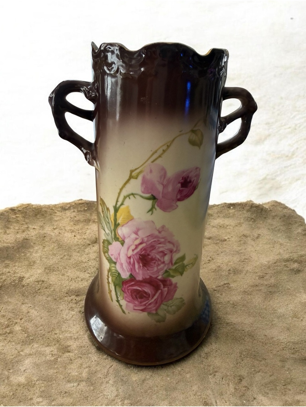 Vintage Victorian Style Floral Ceramic Vase with Handles - Picture 4 of 6